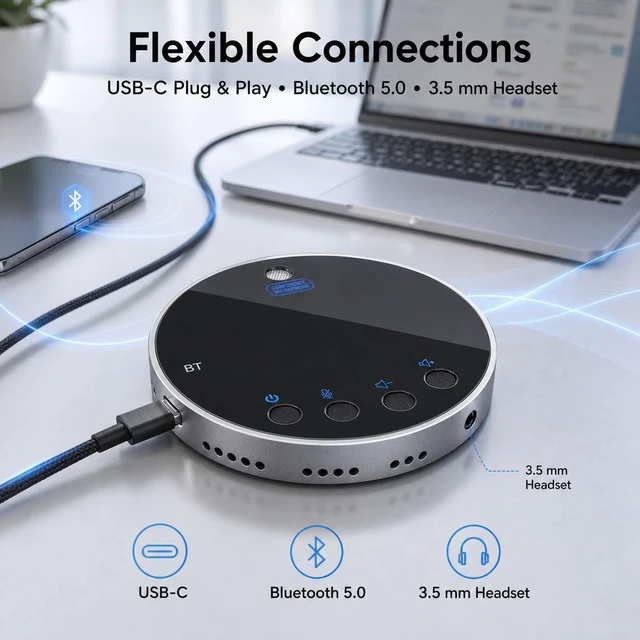 Alt view image 4 of 7 - Bluetooth Conference Speaker and Microphone, Bluetooth Speakerphone for Small Meeting RoomWireless Conference Speaker 360°Voice Pick up with Noise Cancellation Mics for Computer/Laptop