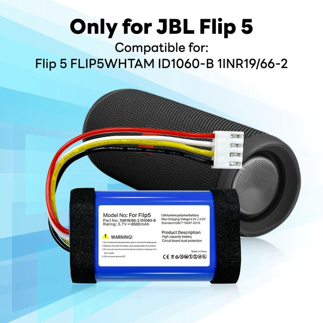 Alt view image 2 of 7 - 8500mAh Replacement Battery for JBL Flip 5, Part No: 1INR19/66-2 ID1060-B, 2026 Upgrade High Capacity 3.7V Battery for Flip 5 Bluetooth Speaker