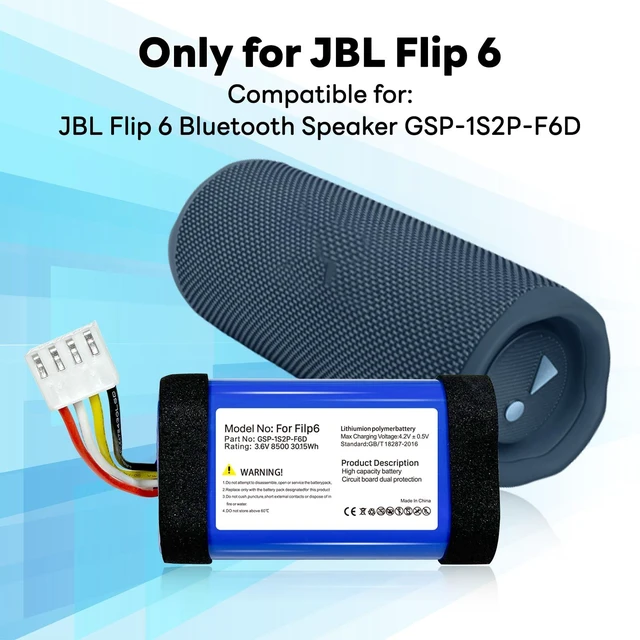 Alt view image 2 of 7 - 8500mAh Replacement Battery for JBL Flip 6, Part No: GSP-1S2P-F6D, 2026 Upgrade High Capacity 3.7V Battery for Flip 6 Bluetooth Speaker