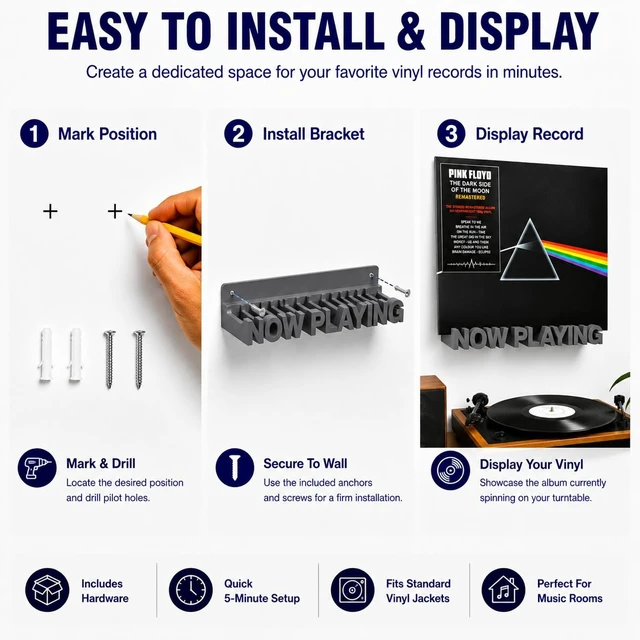 Alt view image 5 of 7 - Now Playing Vinyl Record Stand Wall MountRecord Display Stand for Vinyl Records and LP Record Floating Shelves Record Storage Holder (Grey)