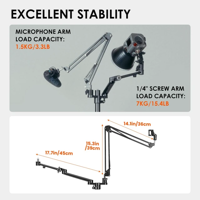 Alt view image 6 of 7 - Modular Light and Microphone Boom Arm Titanrig Arm Y Dual Arm Set Compatible for 35 mm Rod, 18" Articulate Arm with Spigot Mount for COB Lights + 29.4" (Max) Mic Boom Stand