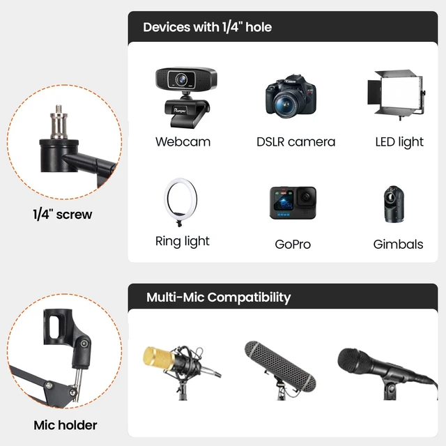 Alt view image 4 of 7 - Modular Light and Microphone Boom Arm Titanrig Arm Y Dual Arm Set Compatible for 35 mm Rod, 18" Articulate Arm with Spigot Mount for COB Lights + 29.4" (Max) Mic Boom Stand