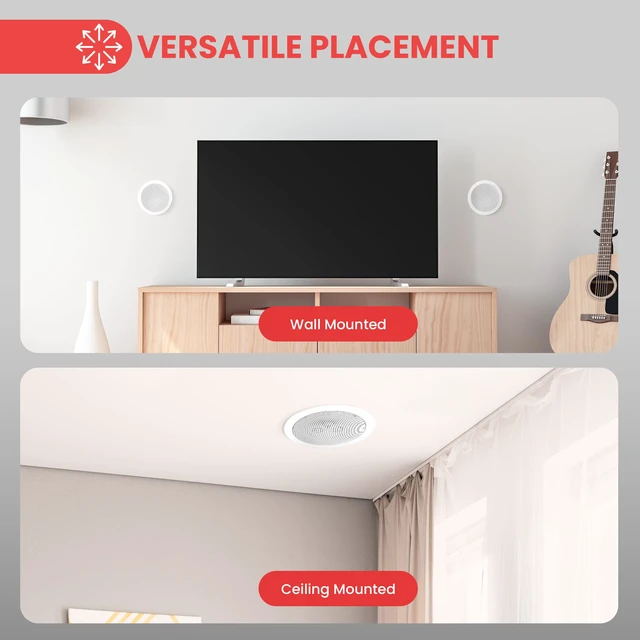Alt view image 2 of 7 - 5.25 2-Way Ceiling Speaker, Dual Channel Stereo from One Speaker, 200W Peak Power for Indoors or Patio, Easy Installation, for High Moisture Areas, Upgraded Stain-Resistant Grill, 1pc - PWRC52