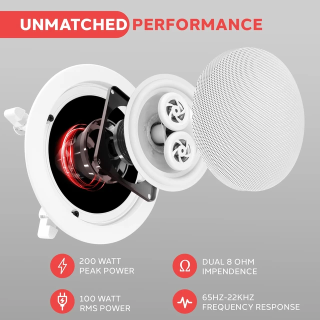 Alt view image 4 of 7 - 5.25 2-Way Ceiling Speaker, Dual Channel Stereo from One Speaker, 200W Peak Power for Indoors or Patio, Easy Installation, for High Moisture Areas, Upgraded Stain-Resistant Grill, 1pc - PWRC52