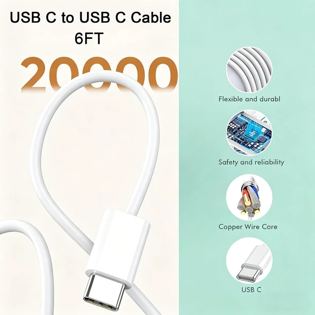 Alt view image 3 of 7 - AirPods Pro 3 Charger Fast Charging,20W USB-C Airpods Power Adapter Wall Charger Plug&6FT USB C to C Charging Cable for AirPods Pro 3(2025),Air-Pods Pro 2,Air-Pods 4/Max 2(2026),iPhone17/16/15