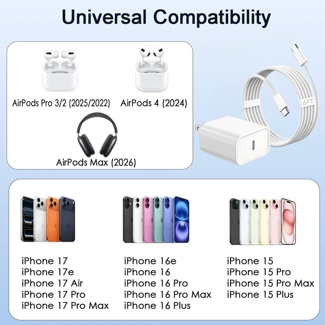 Alt view image 4 of 7 - AirPods Pro 3 Charger Fast Charging,20W USB-C Airpods Power Adapter Wall Charger Plug&6FT USB C to C Charging Cable for AirPods Pro 3(2025),Air-Pods Pro 2,Air-Pods 4/Max 2(2026),iPhone17/16/15