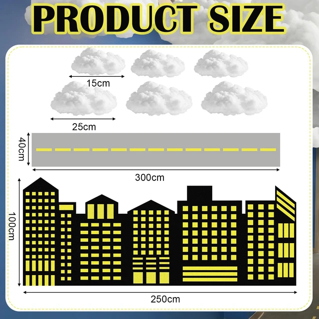 Alt view image 2 of 6 - Hero Theme Party Decor Halloween Skyscraper Backdrop Hanging Clouds 2 Pcs 8.2x3.3 ft Modern City Backdrop, 9.8x1.3ft Road Rug, 6 Pcs Fake Clouds, Hero Birthday Decor, Hallway Wall Photo Props