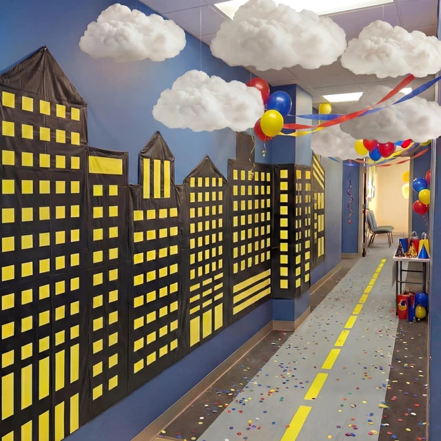 Main image of Hero Theme Party Decor Halloween Skyscraper Backdrop Hanging Clouds 2 Pcs 8.2x3.3 ft Modern City Backdrop, 9.8x1.3ft Road Rug, 6 Pcs Fake Clouds, Hero Birthday Decor, Hallway Wall Photo Props