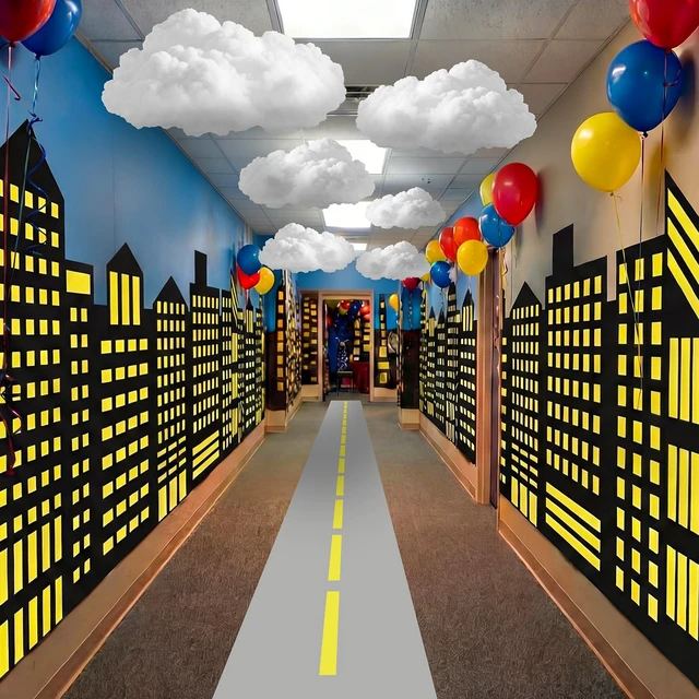 Alt view image 5 of 6 - Hero Theme Party Decor Halloween Skyscraper Backdrop Hanging Clouds 2 Pcs 8.2x3.3 ft Modern City Backdrop, 9.8x1.3ft Road Rug, 6 Pcs Fake Clouds, Hero Birthday Decor, Hallway Wall Photo Props