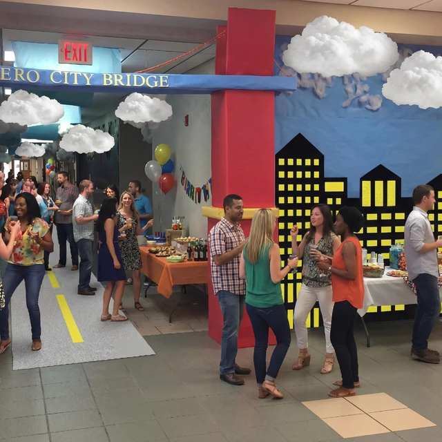 Alt view image 4 of 6 - Hero Theme Party Decor Halloween Skyscraper Backdrop Hanging Clouds 2 Pcs 8.2x3.3 ft Modern City Backdrop, 9.8x1.3ft Road Rug, 6 Pcs Fake Clouds, Hero Birthday Decor, Hallway Wall Photo Props