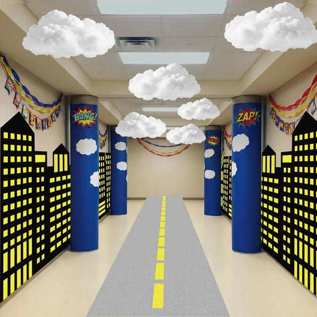 Alt view image 6 of 6 - Hero Theme Party Decor Halloween Skyscraper Backdrop Hanging Clouds 2 Pcs 8.2x3.3 ft Modern City Backdrop, 9.8x1.3ft Road Rug, 6 Pcs Fake Clouds, Hero Birthday Decor, Hallway Wall Photo Props