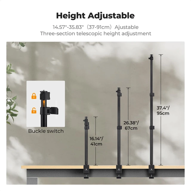 Alt view image 6 of 7 - 2-Pack Camera Desk Mount 16"-37" w/ 360° Ball Head & Phone Clip Tabletop C-Clamp Adjustable Light Stand for DSLR, Ring Light, Webcam, Live Streaming, Online Teaching TD01