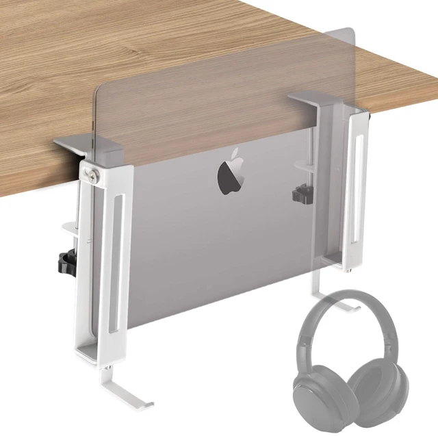 Main image of No Drill Adjustable Desk Side Laptop Mount Headphone Hook (White) ToolFree Setup, Inner ScratchResistant Silicone Pad, Fits MacBook & iPad