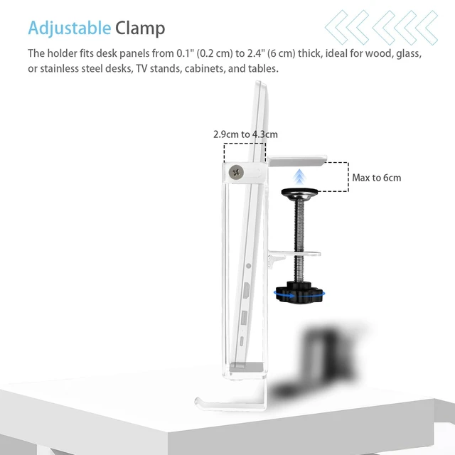 Alt view image 5 of 6 - No Drill Adjustable Desk Side Laptop Mount Headphone Hook (White) ToolFree Setup, Inner ScratchResistant Silicone Pad, Fits MacBook & iPad