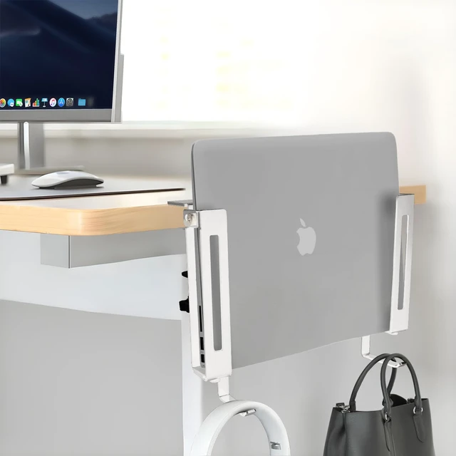 Alt view image 6 of 6 - No Drill Adjustable Desk Side Laptop Mount Headphone Hook (White) ToolFree Setup, Inner ScratchResistant Silicone Pad, Fits MacBook & iPad