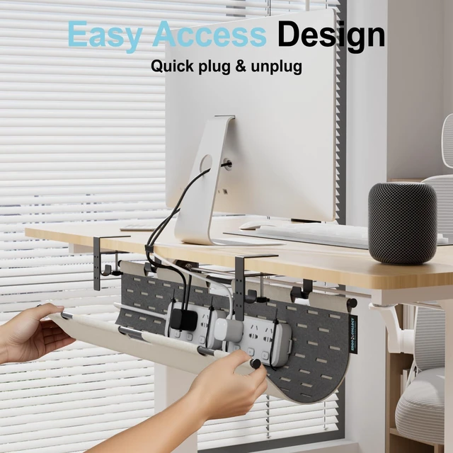 Alt view image 3 of 7 - Under Desk Cable Management Tray No Drill, 30" Felt Standing Desk Cable Management, Clamp/Screw Mount Desk Wire Management, Flexible Cord Organizer for Office & Home