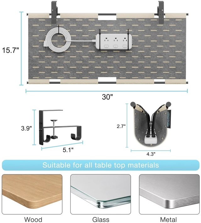 Alt view image 4 of 7 - Under Desk Cable Management Tray No Drill, 30" Felt Standing Desk Cable Management, Clamp/Screw Mount Desk Wire Management, Flexible Cord Organizer for Office & Home