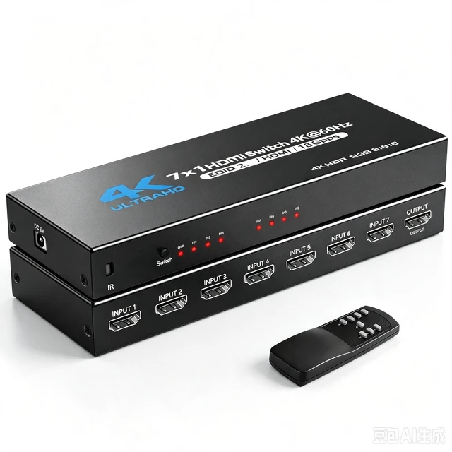 Main image of HDMI 2.0 Switch, 4K@60Hz HDMI Switcher 7 in 1 Out with IR Remote, 7 Port HDMI Selector Box Support HDMI2.0, Dolby Vision/Atmos, HDR10 for Box, Switch, PS5/4, Roku, Fire -Stick