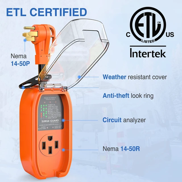 Alt view image 6 of 7 - 50Amp RV Surge Protector ETL Listed 14-50P 14-50R 4200 Joules RV Circuit Analyzer Voltage Monitor High Low Spikes 125V/6250W With Extension Cord for Camper Travel Trailer Van