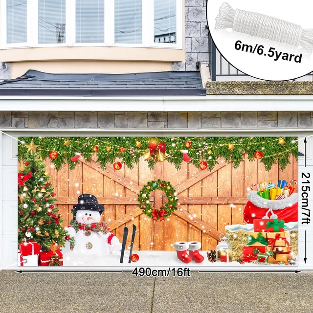 Alt view image 2 of 7 - Christmas Garage Door Banner Cover 7 x 16 Ft Xmas Tree Snowman Wood Texture Board Yard Sign Large Backdrop Photo Prop for Winter Indoor Outdoor Home Party Decor