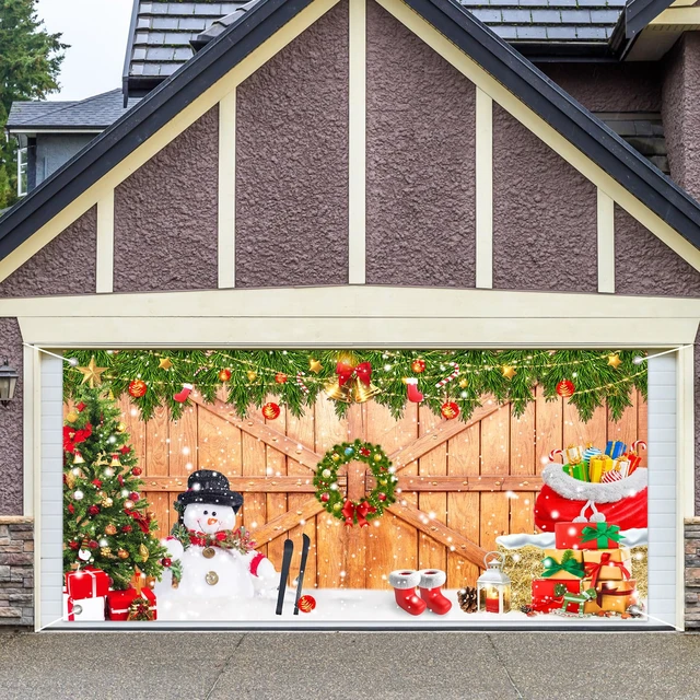 Alt view image 4 of 7 - Christmas Garage Door Banner Cover 7 x 16 Ft Xmas Tree Snowman Wood Texture Board Yard Sign Large Backdrop Photo Prop for Winter Indoor Outdoor Home Party Decor