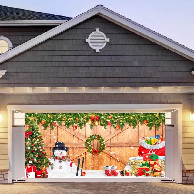 Alt view image 5 of 7 - Christmas Garage Door Banner Cover 7 x 16 Ft Xmas Tree Snowman Wood Texture Board Yard Sign Large Backdrop Photo Prop for Winter Indoor Outdoor Home Party Decor