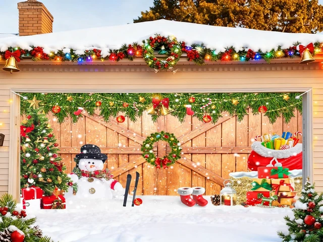 Main image of Christmas Garage Door Banner Cover 7 x 16 Ft Xmas Tree Snowman Wood Texture Board Yard Sign Large Backdrop Photo Prop for Winter Indoor Outdoor Home Party Decor