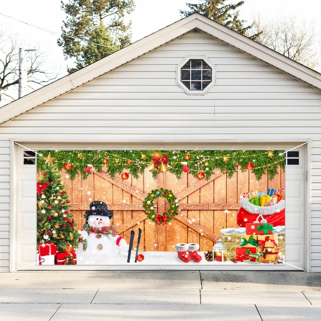 Alt view image 6 of 7 - Christmas Garage Door Banner Cover 7 x 16 Ft Xmas Tree Snowman Wood Texture Board Yard Sign Large Backdrop Photo Prop for Winter Indoor Outdoor Home Party Decor