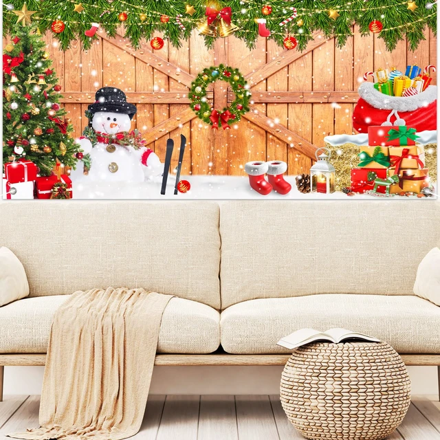 Alt view image 7 of 7 - Christmas Garage Door Banner Cover 7 x 16 Ft Xmas Tree Snowman Wood Texture Board Yard Sign Large Backdrop Photo Prop for Winter Indoor Outdoor Home Party Decor