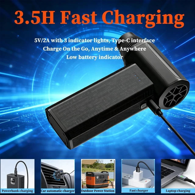 Alt view image 5 of 7 - Mini Cordless Compressed Electric Air Duster for PC & Electronics Cleaning 3-speed 110000RPM Super Power mini turbo fan, perfect to clean computers, consoles, electronics, home, car and outdoor dust