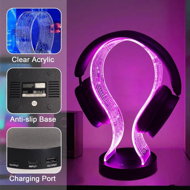 Alt view image 6 of 7 - Light Up Headphone Stand, 16 Color Lights Gaming Desk Accessory with 1 USB Charging Port and 1 Type-C Charging Ports, USB Power and PCB Pattern, Gifts for Gamers Boyfriend Boy Man