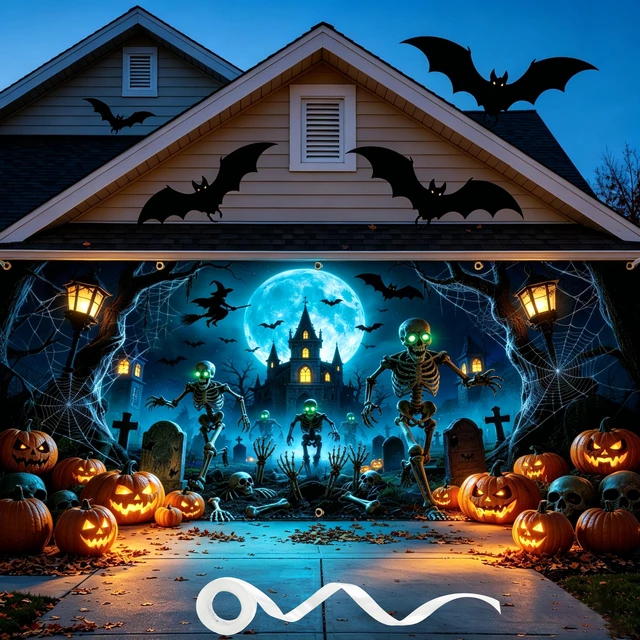 Main image of Halloween Garage Door Cover 16x6.5ft, Haunted Garage Door Halloween Cover with 10 Brass Grommets & 4 Ribbons, Halloween Garage Door Banner Outdoor Halloween Garage Door Decorations