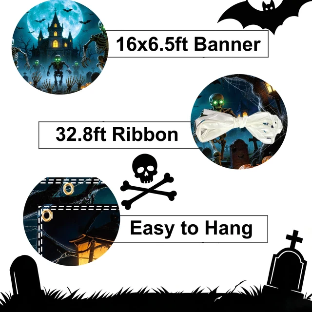 Alt view image 3 of 6 - Halloween Garage Door Cover 16x6.5ft, Haunted Garage Door Halloween Cover with 10 Brass Grommets & 4 Ribbons, Halloween Garage Door Banner Outdoor Halloween Garage Door Decorations