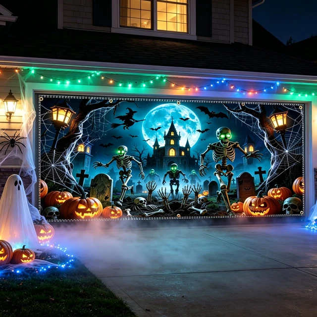 Alt view image 4 of 6 - Halloween Garage Door Cover 16x6.5ft, Haunted Garage Door Halloween Cover with 10 Brass Grommets & 4 Ribbons, Halloween Garage Door Banner Outdoor Halloween Garage Door Decorations