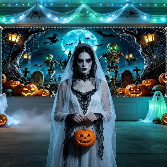 Alt view image 5 of 6 - Halloween Garage Door Cover 16x6.5ft, Haunted Garage Door Halloween Cover with 10 Brass Grommets & 4 Ribbons, Halloween Garage Door Banner Outdoor Halloween Garage Door Decorations