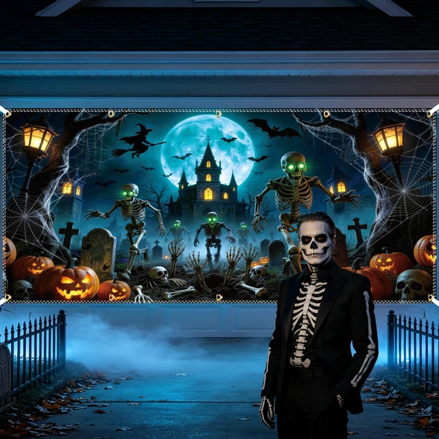 Alt view image 6 of 6 - Halloween Garage Door Cover 16x6.5ft, Haunted Garage Door Halloween Cover with 10 Brass Grommets & 4 Ribbons, Halloween Garage Door Banner Outdoor Halloween Garage Door Decorations