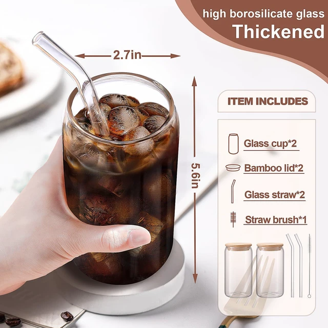 Alt view image 3 of 7 - 16 oz Iced Coffee Cups with Lids and Straws,2 Pcs Glass Cups Set Reusable | Cute Coffee Bar Accessories,MultiUse Drinking Glasses for Coffee,Beer,Juice,Reusable Tumblers,Great Gift for Coffee Lovers