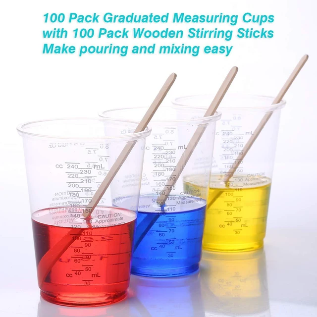 Alt view image 6 of 6 - 100pcs 8oz Graduated Clear Plastic Measuring Cups | 100pcs Wooden Stirring Sticks for Mixing Paint Pigments Epoxy Resins Resins