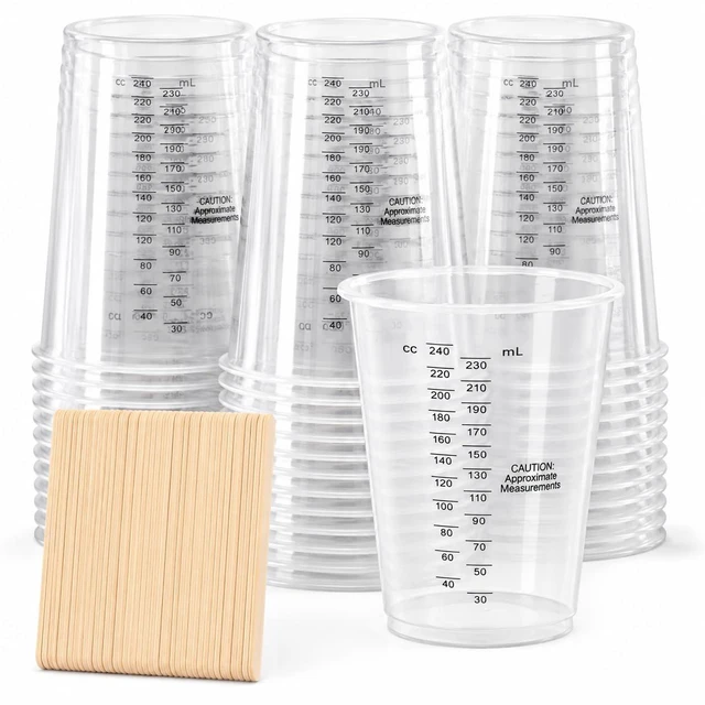 Main image of 8oz Clear Plastic Measuring Cups, Graduated Mixing Cups, 50 Pack | Disposable & reusable, Graduated markings, 8oz capacity, Resin & paint mixing, Cooking & baking