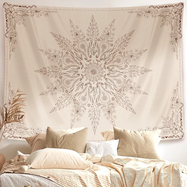 Main image of Floral Tapestry Wall Hanging Cute,Boho Wall Tapestry for Bedroom Aesthetic,Mandala Living Room Decor for Teen Girls (Flaxen, 34.80" x 47.20")