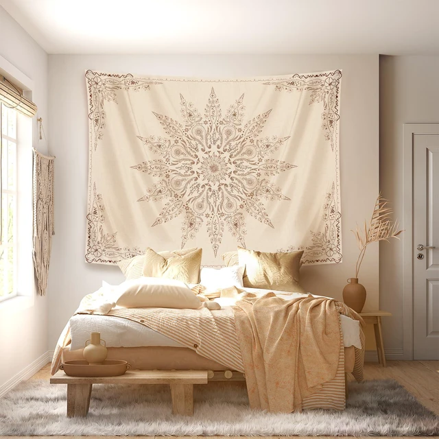 Alt view image 2 of 7 - Floral Tapestry Wall Hanging Cute,Boho Wall Tapestry for Bedroom Aesthetic,Mandala Living Room Decor for Teen Girls (Flaxen, 34.80" x 47.20")