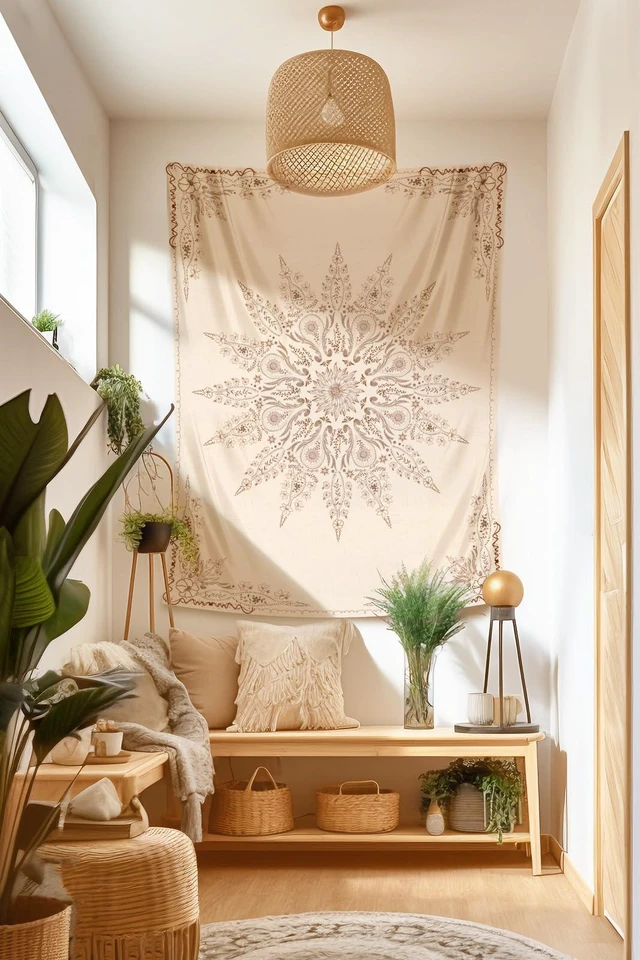 Alt view image 5 of 7 - Floral Tapestry Wall Hanging Cute,Boho Wall Tapestry for Bedroom Aesthetic,Mandala Living Room Decor for Teen Girls (Flaxen, 34.80" x 47.20")