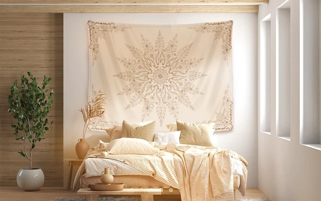 Alt view image 6 of 7 - Floral Tapestry Wall Hanging Cute,Boho Wall Tapestry for Bedroom Aesthetic,Mandala Living Room Decor for Teen Girls (Flaxen, 34.80" x 47.20")