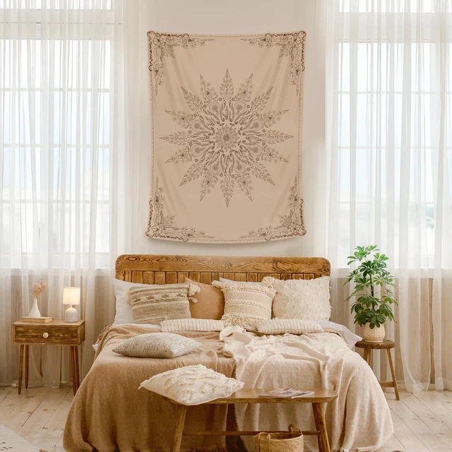 Alt view image 7 of 7 - Floral Tapestry Wall Hanging Cute,Boho Wall Tapestry for Bedroom Aesthetic,Mandala Living Room Decor for Teen Girls (Flaxen, 34.80" x 47.20")