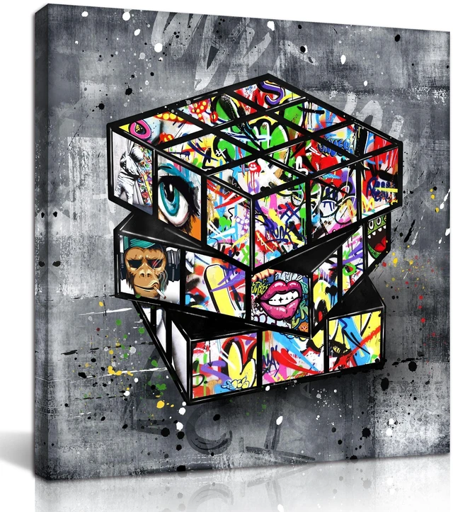 Main image of Banksy Canvas Wall-Art for Bedroom - Street Graffiti Wall Art Abstract Painting Pop Art Wall Decor Modern Home Office Decor 14" W x14 H Stretched and Framed Ready to Hang