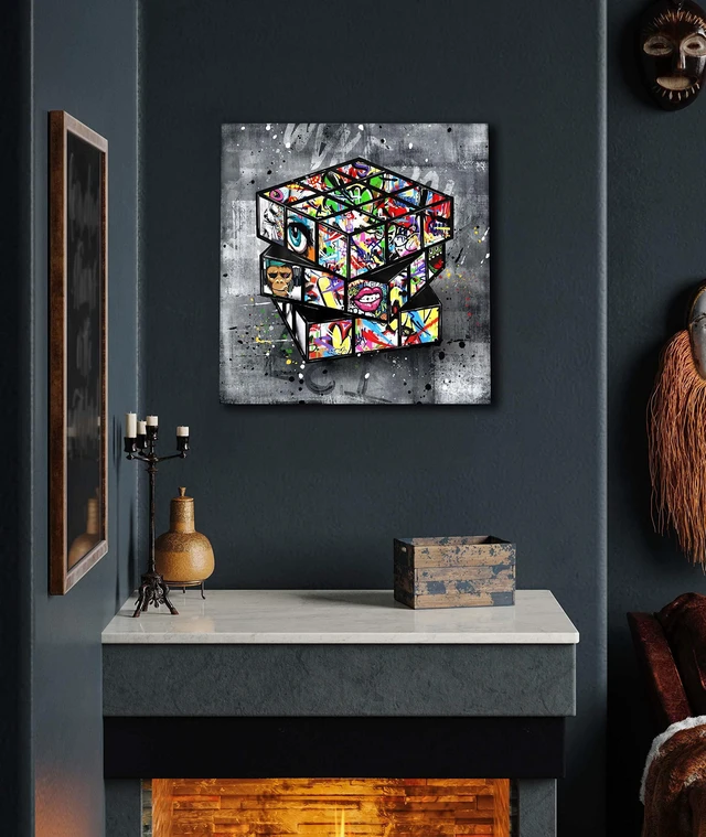 Alt view image 2 of 7 - Banksy Canvas Wall-Art for Bedroom - Street Graffiti Wall Art Abstract Painting Pop Art Wall Decor Modern Home Office Decor 14" W x14 H Stretched and Framed Ready to Hang