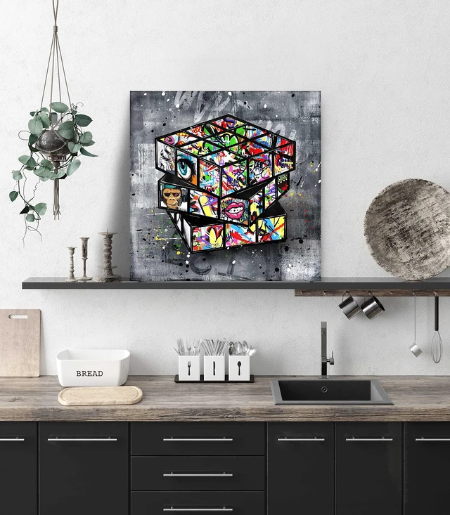 Alt view image 3 of 7 - Banksy Canvas Wall-Art for Bedroom - Street Graffiti Wall Art Abstract Painting Pop Art Wall Decor Modern Home Office Decor 14" W x14 H Stretched and Framed Ready to Hang