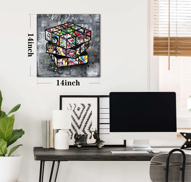 Alt view image 7 of 7 - Banksy Canvas Wall-Art for Bedroom - Street Graffiti Wall Art Abstract Painting Pop Art Wall Decor Modern Home Office Decor 14" W x14 H Stretched and Framed Ready to Hang