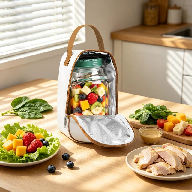Alt view image 2 of 7 - Side-Opening Mason Salad Jar Portable Storage Bag Durable Insulated Tot | Side-Opening Salad Pod Mason Salad Jar Durable Insulated Tote Bag for Safe Transport&Temperature Retention for Office/Travel