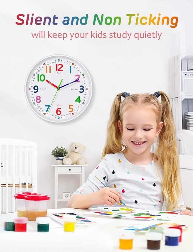Alt view image 2 of 7 - Silent Kids Wall Clock Non-Ticking, Battery-Powered, Ideal for Teaching Time and Stylish Décor in Any Room - 8 Inch